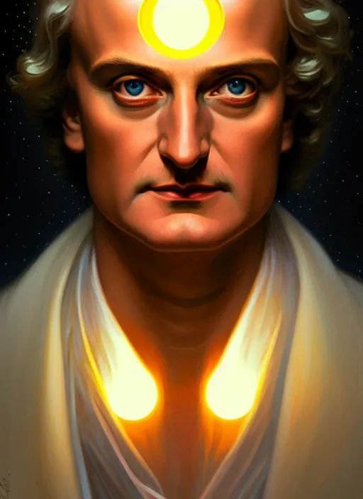 Prompt: symmetry portrait of isaac newton, glowing lights, intricate, elegant, highly detailed, digital painting, artstation, concept art, smooth, sharp focus, illustration, art by artgerm and greg rutkowski and alphonse mucha