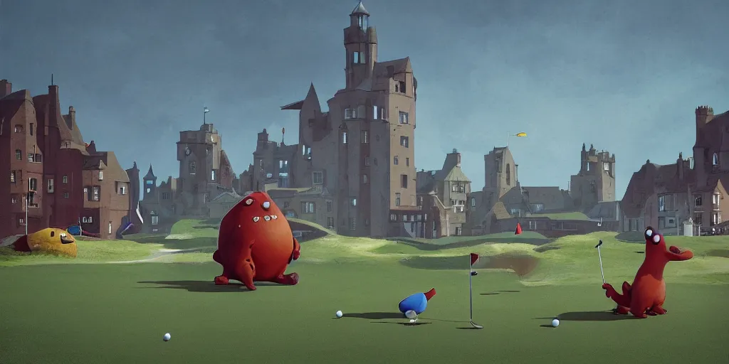 Image similar to cute cartoon monsters golfing at St Andrews Scotland by Goro Fujita and Simon Stalenhag , 8k, trending on artstation, hyper detailed, cinematic