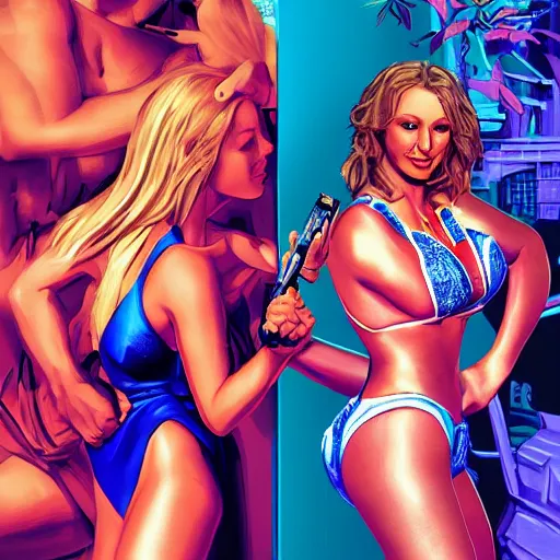 Image similar to SNES graphics playing Xbox 360 but it's a Sega Genesis making out with Britney Spears making out with Snoop Dogg in GTA, cover art by Stephen Bliss, artstation