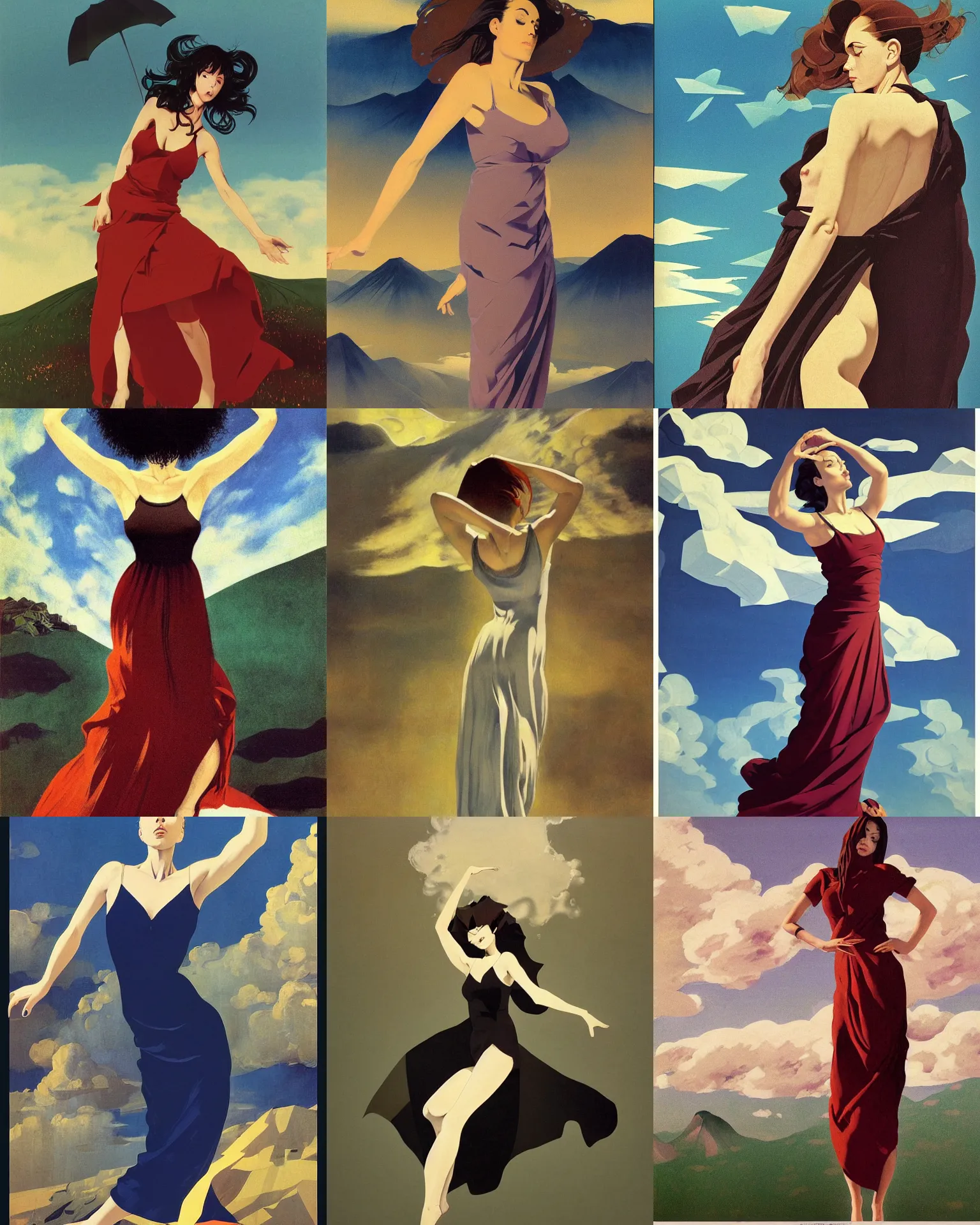 Prompt: woman portrait, female figure in maxi dress, sky, thunder clouds modernism, dynamic pose, dance, morning dramatic cinematic light, low poly, low poly, low poly, industrial, soviet painting, social realism, barocco, Frank Frazetta, Dean Ellis, Detmold Charles Maurice, gustav klimt, levitation, movie poster 1993 anime