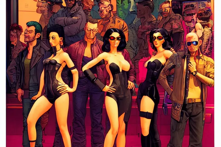 Prompt: cyberpunk heist crew in nightclub. portrait by stonehouse and mœbius and will eisner and gil elvgren and pixar. character design. realistic proportions. cyberpunk 2 0 7 7 character art, blade runner 2 0 4 9 concept art. cel shading. attractive face. thick lines. the team. diverse characters.