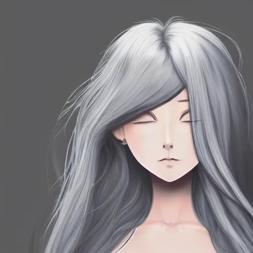 Image similar to young woman with long wavy ashen silver hair, with blackness instead of eyes, anime