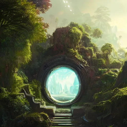 Image similar to Multiversal Portal in the center of a lush environment, illustrated by Greg Rutkowski, trending on artstation, artstationHQ, artstationHD, artstation digital artwork, large brush strokes, 4k, 8k