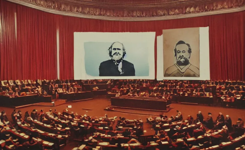 Image similar to 60s movie still of a stalinist style parlement with a giant painting of Karl Marx, by Irving Penn , cinestill 800t 35mm eastmancolor, heavy grainy picture, very detailed, high quality, 4k, HD criterion, precise texture