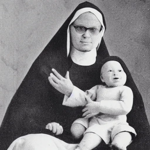 Image similar to a nun sitting in church holding a demonic baby on her lap