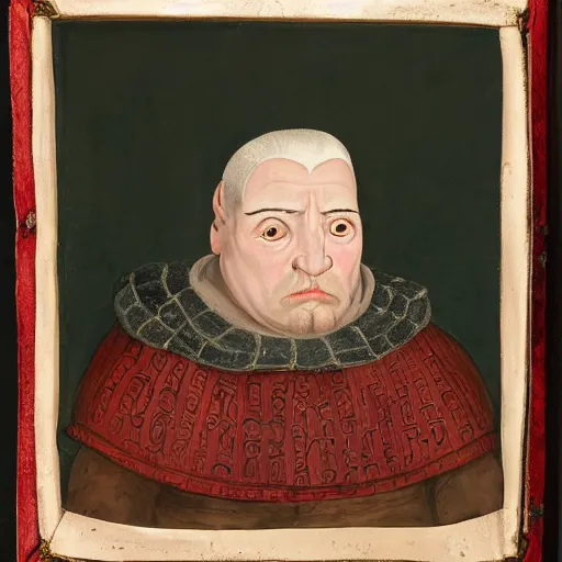 Image similar to a portrait of a very ugly medieval nobleman with white hair, big forhead and mismatched eyes.