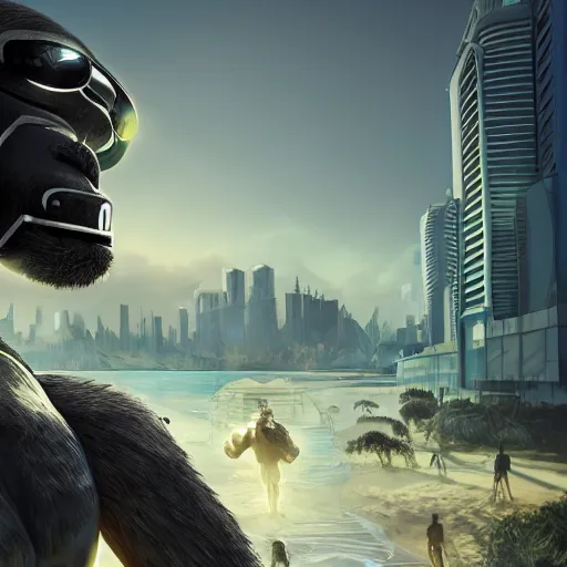 Image similar to cybernetic, anthropomorphic gorilla, face covered by cyberpunk visor, smooth round shapes, male, commission on furaffinity, cgsociety, octane render, beach in background