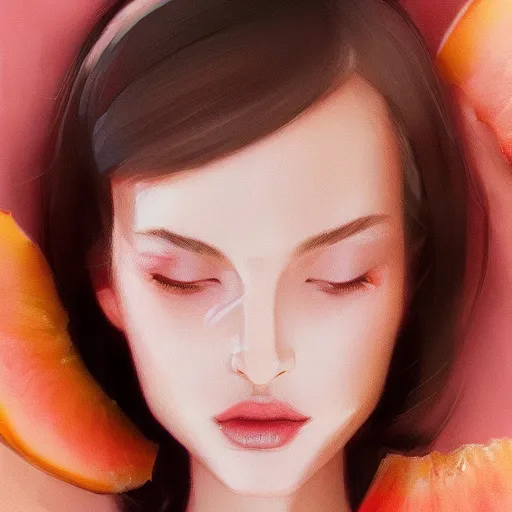 Image similar to vogue magazine, elle magazine, inside a large fruit peach slice, anime korean natalie portman face, ilya kuvshinov, greg rutkowski, john singer sargent, anime, trending on artstation, intricate