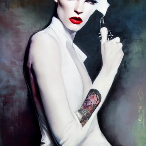 Image similar to stunning portrait of androgynous ruby rose as desire from sandman in a white tuxedo!!!, rockabilly style, by jeremy mann, by alphonse mucha, by peter lindbergh, dave mckean, by frank moth, white suit and black tie, soft lightning, high detailed, 8 k