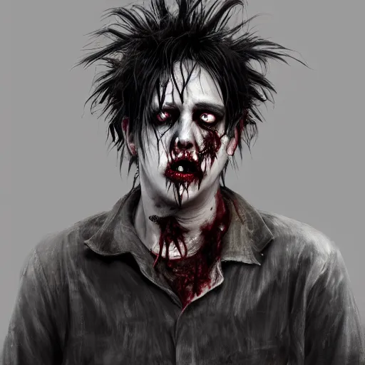 Image similar to portrait of young robert smith as a zombie, 7 days to die zombie, fine art, award winning, intricate, elegant, sharp focus, cinematic lighting, highly detailed, digital painting, 8 k concept art, art by guweiz and z. w. gu, masterpiece, trending on artstation, 8 k