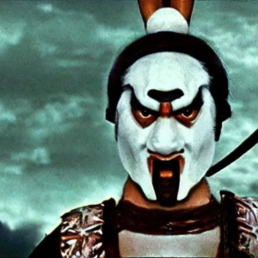 Prompt: photorealistic white rabbit samurai with angry face in seven samurai, film still, Usagi Yojimbo