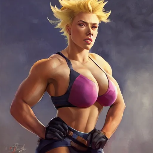 Prompt: greg manchess portrait of scarlett johansson as roided thick very muscular fitness model zarya from overwatch with short blond hair and ponytail, fantasy, medium shot, asymmetrical, profile picture, organic painting, sunny day, matte painting, bold shapes, hard edges, street art, trending on artstation, by huang guangjian and gil elvgren and sachin teng