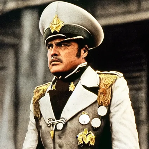Prompt: Still of Marlon Brando as the General Montero leading the revolution of Costaguana in the 19th century from the film by David Lean, Nostromo