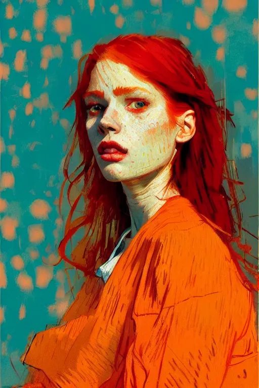 Image similar to portrait of a beautiful redhead girl, complementary colors, beautiful face, rule of thirds, intricate outfit, spotlight, by greg rutkowski, by jeremy mann, by francoise nielly, by van gogh, digital painting