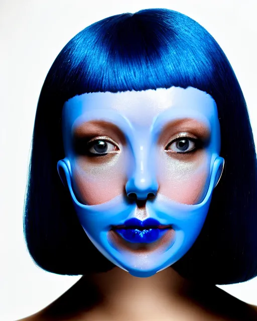 Prompt: symmetrical close - up portrait of a woman wearing a translucent silicone beauty mask and blue hair, wearing a black bodysuit by alexander mcqueen, plastic translucent flowers, black background, soft diffused light, biotechnology, humanoide robot, bjork aesthetic, translucent, intricate details, highly detailed, masterpiece,