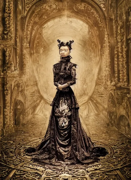 Image similar to a portrait of asian female by stefan geselle and nekro borja, photorealistic, intricate details, hyper realistic, fantasy, elegant, baroque victorian steampunk, photorealistic, canon r 3, photography, symmetrical features, symmetrical pose, wide angle shot, standing pose, feet on the ground, wearable art