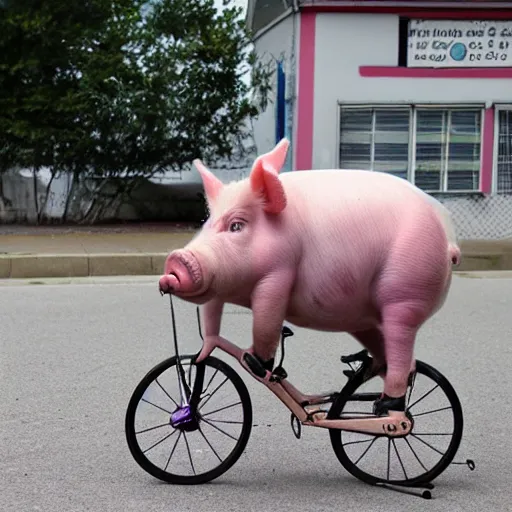 Image similar to an inside-out pig riding a bicycle