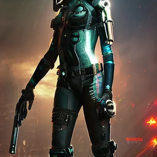 Prompt: full shot photo of emma stone as a cyberpunk amazon warrior