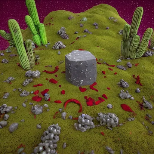 Image similar to voidless of the festival!, The Graveyard, blood moon tentacles!!, outsider art!!!, The ego separates by Wojciech Siudmak!!!!, a single potted cactus in a laboratory!!!!!, large group of crabs and worms, crawling along a bed of moss, low poly, creeper world, handcrafted, artstation, hyperrealistic, hard light, best practices, creeptastic, photorealism, macro perspective, cuddly