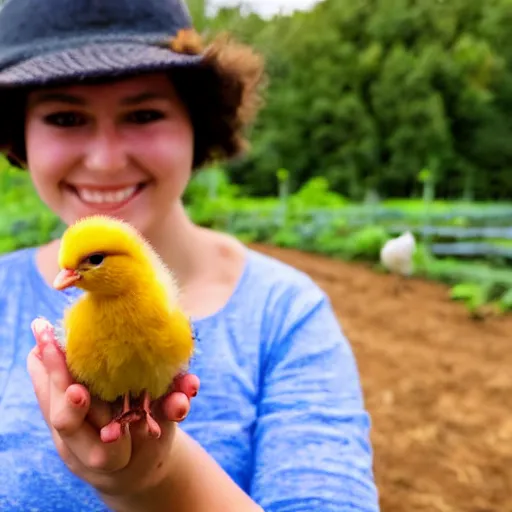 Image similar to A proud young woman in a farm holding up a baby chick extremely close to the camera, almost touching the lens. photograph extremely close wide-angle lens