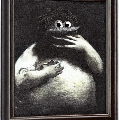 Image similar to cookie monster devouring his cookies, by francisco goya