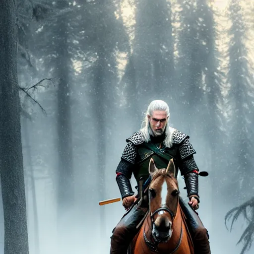 Image similar to Geralt of Rivia riding a horse in forest, 4k, artstation, cgsociety, award-winning, masterpiece, stunning, beautiful, glorious, powerful, fantasy art