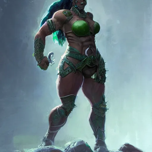 Image similar to a full character portrait of a toned physique green orc woman with a ponytail in full plate armor, by greg rutkowski, wlop, astri lohne, wei wang, trending on artstation