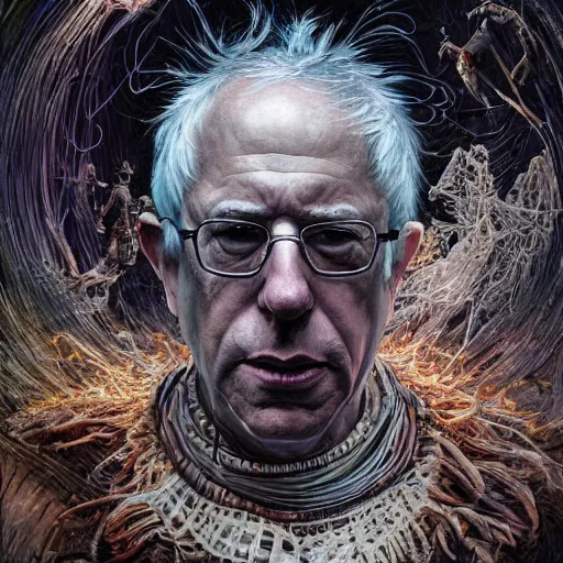 Image similar to hyperrealistic mixed media painting of Bernie Sanders as a Witch Doctor, stunning 3d render inspired art by P. Craig Russell and Barry Windsor-Smith, 8k octane beautifully detailed render, post-processing, extremely hyperdetailed, intricate, epic composition, grim yet sparkling atmosphere, cinematic lighting + masterpiece, trending on artstation, very detailed, masterpiece, stunning