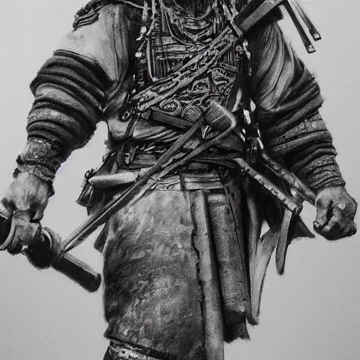 Image similar to Kurdish samurai, detailed charcoal sketch, realistic, incredibly detailed, award winning art, cinematic, extremely high detail, concept art, 4k fantasy art, trending on artstation