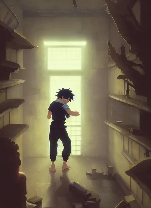 Image similar to highly detailed prison cell with naruto uzumaki with black hair, punching a wall, art by greg rutkowski, loish, rhads, ferdinand knab, makoto shinkai and lois van baarle, ilya kuvshinov, rossdraws, tom bagshaw, global illumination, radiant light, detailed and intricate environment