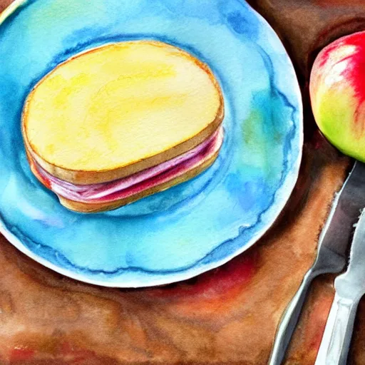 Prompt: bologna sandwich, plate, apple, watercolor, masterpiece