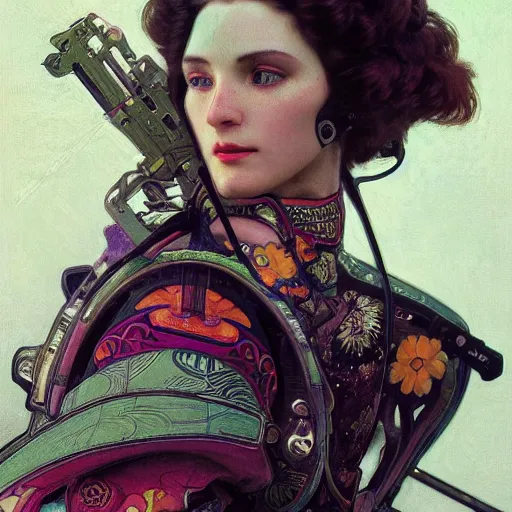 Prompt: a highly detailed portrait of a futuristic female assassin, neon colored floral pattern suit, beautiful detail and color, art by john collier and albert aublet and krenz cushart and artem demura and alphonse mucha, volumetric lighting, octane render, 4 k resolution, matte, sharp focus, illustration, art by jacque - louis david, baroque style