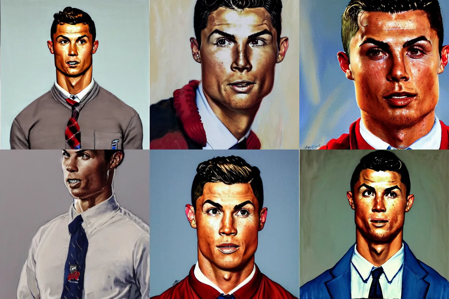 Prompt: Frontal portrait of Cristiano Ronaldo, dressed in a sweater over a button-down shirt and tie, Painting by Norman Rockwell