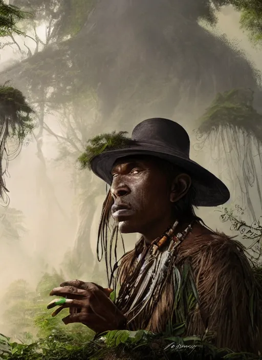 Prompt: a beautiful matte painting of an indigenous man with black skin with a large hat in the jungle, surrounded by smoke, mysterious atmosphere, fantasy art, matte painting, highly detailed