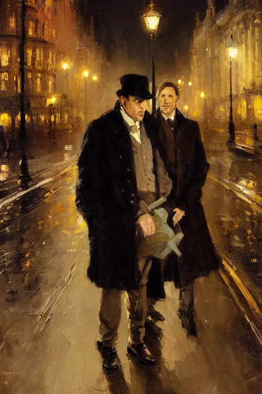 Prompt: Richard Schmid and Jeremy Lipking full length portrait painting of classic Sherlock Holmes at night on a london street