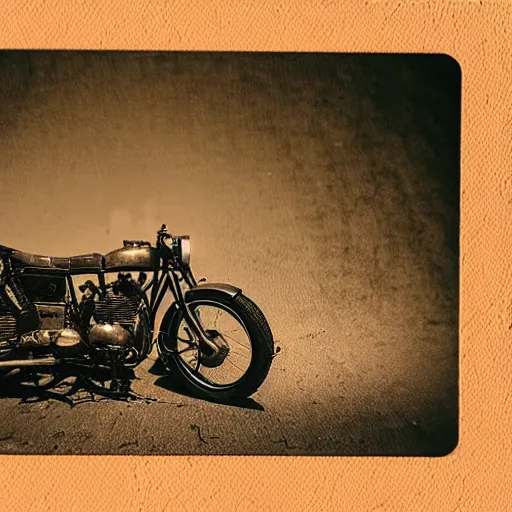 Image similar to Countryside vintage motorcycle, dramatic lighting, polaroid,highly detailed