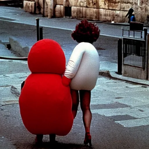 Image similar to two women dressed as squishy inflatable toys from behind, on the streets of rome, film still, fellini 1977 technicolor