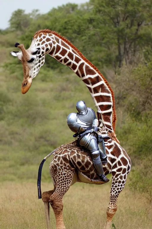 Image similar to a knight in armor riding on a giraffe