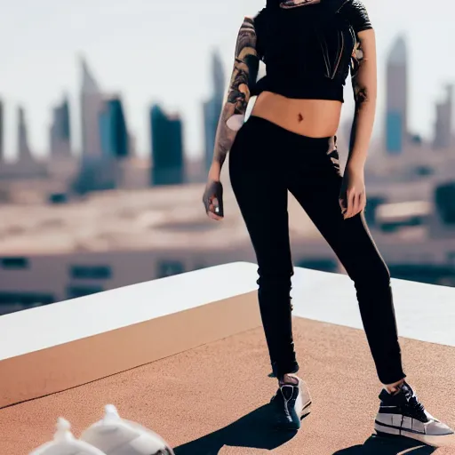 Image similar to photographic portrait of a streetwear woman, closeup, on the rooftop of a futuristic city overlooking a desert oasis, sigma 85mm f/1.4, 4k, depth of field, high resolution, 4k, 8k, hd, full color