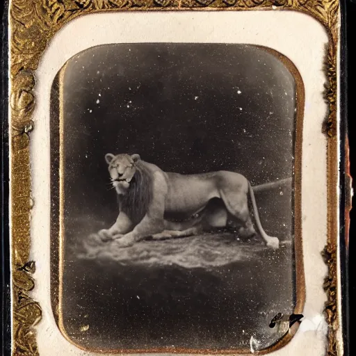 Prompt: tintype photo of a lion swimming