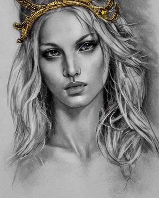 Image similar to tattoo design sketch of hot blonde super model as aphrodite greek goddess wearing a gold laurel wreath and triangle earrings, beautiful piercing gaze with sharp pupils, in the style of greg rutkowski, fantasy, amazing detail, epic, elegant, smooth, sharp focus, front view