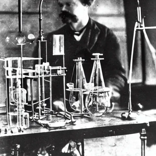 Prompt: august strindberg creates gold in a dusty victorian era laboratory, alchemy equipment in background, 1890 photo, lumiere, realistic, depth of field