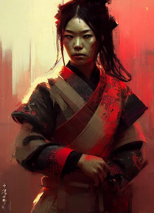 Image similar to female samurai girl, neon, rule of thirds, intricate outfit, spotlight, by greg rutkowski, by jeremy mann, digital painting