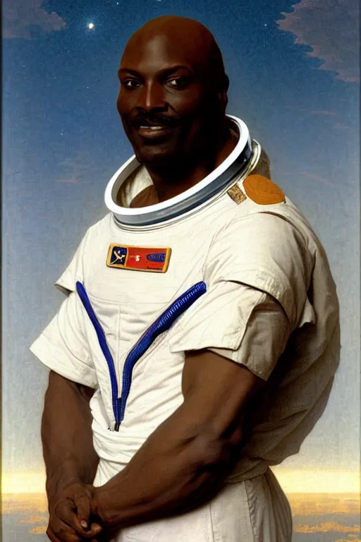 Image similar to portrait of lexington steele in astronaut shirt, by bouguereau