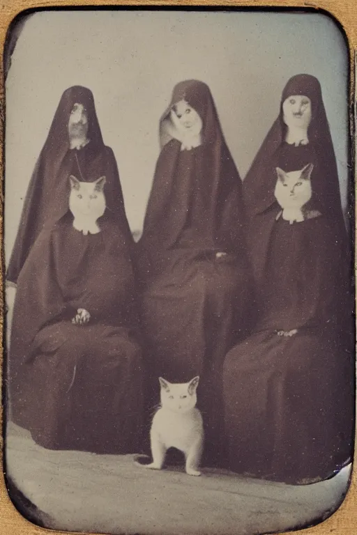 Prompt: daguerreotype of nuns riding cats