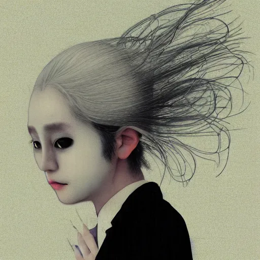 Image similar to yoshitaka amano blurred and dreamy realistic portrait of a woman with black eyes and white hair wearing dress suit with tie, junji ito abstract patterns in the background, satoshi kon anime, noisy film grain effect, highly detailed, renaissance oil painting, weird portrait angle, blurred lost edges, three quarter view