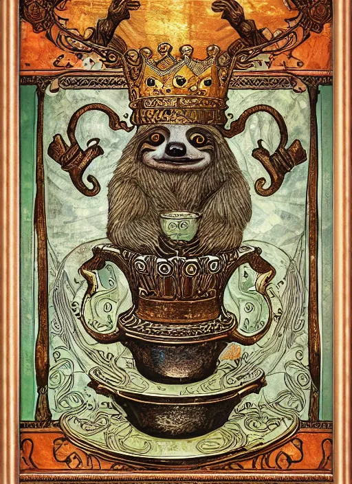 Image similar to sloth as the king of cups, copper cup, coper crown, poster framed, intricate details, medieval art style, high contrast, posterized