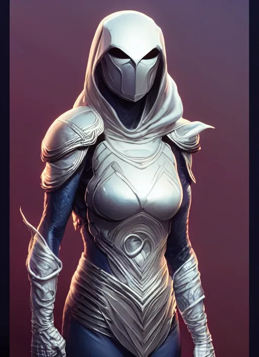 Image similar to female moon knight, hyper detailed, digital art, trending in artstation, cinematic lighting, studio quality, smooth render, unreal engine 5 rendered, octane rendered, art style by klimt and nixeu and ian sprigger and wlop and krenz cushart