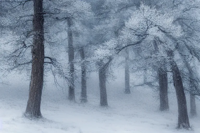 Image similar to portrait of juniper trees in a forest during a blizzard. shadow and light. rays of light. energetic, dynamic, lively, detailed, intricate, complex. fine art by hayao miyazaki, akira toriyama, makoto shinkai, and ohara koson. studio lighting. tilt and shift lens. bokeh.