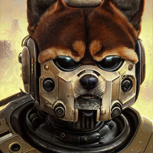 Image similar to the doomslayer as anthropomorphic smiling shiba inu a realistic scifi cyberpunk power armor robot, closeup portrait art by donato giancola and greg rutkowski, vintage retro scifi, realistic face, digital art, trending on artstation, symmetry